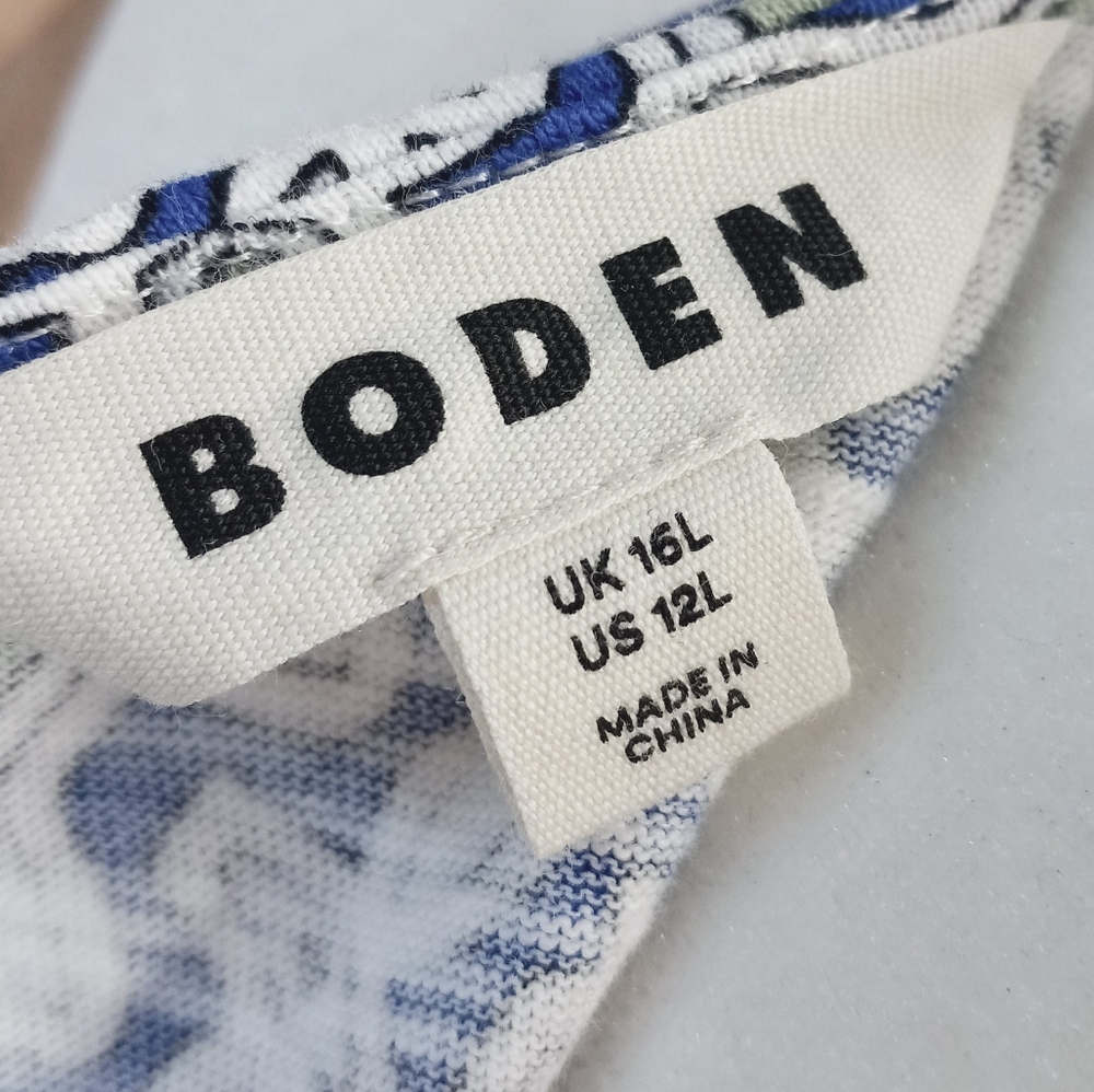 Boden Racer Neck Sundress Size 12L Blue White Heron Flora Tile Print Side Slit - Picture 5 of 12